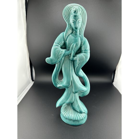 Vintage Turquoise Glazed Ceramic Figurine of Guanyin Buddist Goddess 11 Inches - Picture 2 of 7